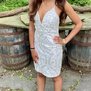 Cream and Brown Dress with Lace Overlay